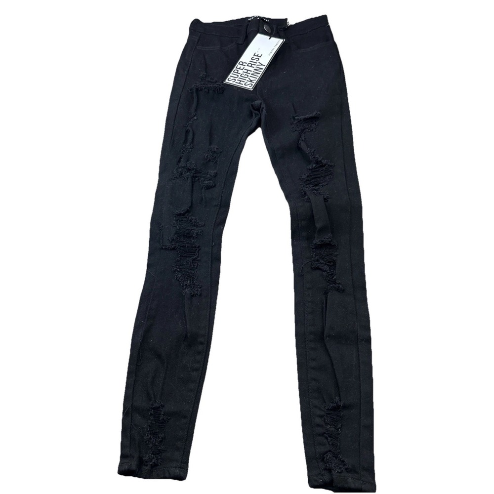 almost famous womens jeans 0 Black Distressed Super High Rise Skinny